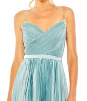 Mac Duggal Pleated Ruched V-Neck Spaghetti Strap Satin A-Line Gown