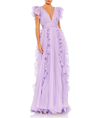 Mac Duggal Pleated Ruffle Cap Sleeve Deep V-Neck Flowy A-Line Gown