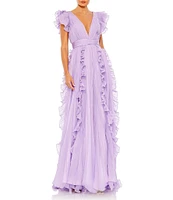 Mac Duggal Pleated Ruffle Cap Sleeve Deep V-Neck Flowy A-Line Gown