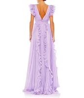 Mac Duggal Pleated Ruffle Cap Sleeve Deep V-Neck Flowy A-Line Gown