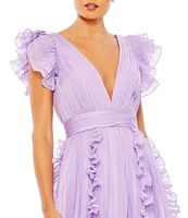 Mac Duggal Pleated Ruffle Cap Sleeve Deep V-Neck Flowy A-Line Gown