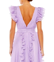 Mac Duggal Pleated Ruffle Cap Sleeve Deep V-Neck Flowy A-Line Gown