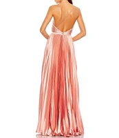 Mac Duggal Pleated Satin Plunge V-Neck Sleeveless Open Back Detail A-Line Gown