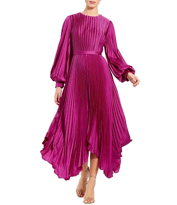 Mac Duggal Pleated Satin Round Neck Long Balloon Sleeve Hanky Hem Midi Dress