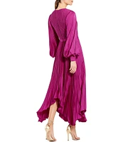 Mac Duggal Pleated Satin Round Neck Long Balloon Sleeve Hanky Hem Midi Dress