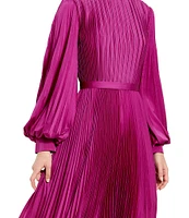 Mac Duggal Pleated Satin Round Neck Long Balloon Sleeve Hanky Hem Midi Dress