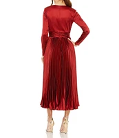 Mac Duggal Pleated Satin V-Neck Long Sleeve Fit and Flare Midi Dress