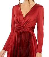 Mac Duggal Pleated Satin V-Neck Long Sleeve Fit and Flare Midi Dress