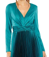 Mac Duggal Pleated Satin V-Neck Long Sleeve Fit and Flare Midi Dress