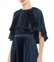 Mac Duggal Pleated Short Sleeve Belted Caplet Maxi Dress