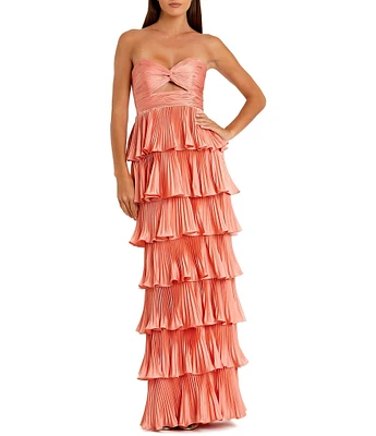 Mac Duggal Pleated Strapless Cut Out Tiered Ruffle Charmeuse Satin Column Gown