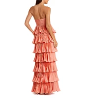 Mac Duggal Pleated Strapless Cut Out Tiered Ruffle Charmeuse Satin Column Gown