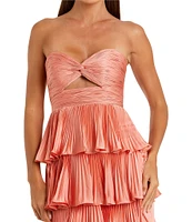 Mac Duggal Pleated Strapless Cut Out Tiered Ruffle Charmeuse Satin Column Gown