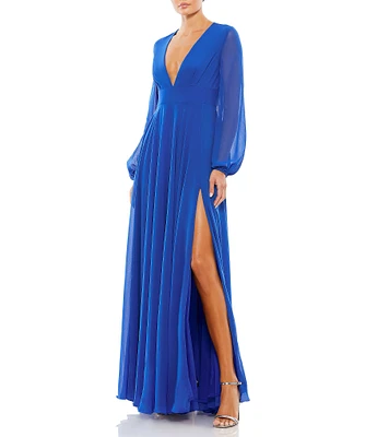 Mac Duggal Plunge V-Neck Illusion Long Blouson Sleeve Thigh High Slit Gown