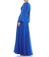 Mac Duggal Plunge V-Neck Illusion Long Blouson Sleeve Thigh High Slit Gown