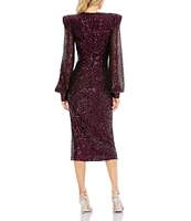 Mac Duggal Plunge V-Neck Long Bishop Sleeve Sequin Sheath Midi Dress