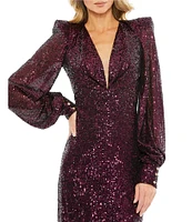 Mac Duggal Plunge V-Neck Long Bishop Sleeve Sequin Sheath Midi Dress