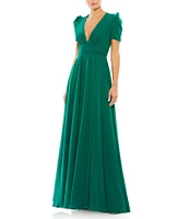 Mac Duggal Plunge V-Neck Ruched Puff Short Sleeve Gown