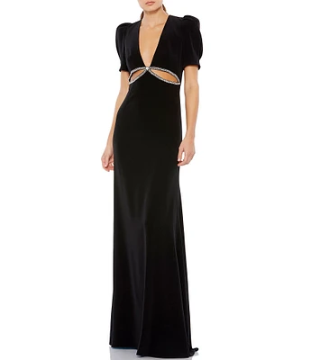 Mac Duggal Plunging V-Neck Short Puffed Sleeve Cut-Out Gown