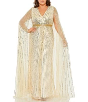 Mac Duggal Plus Size Cape Sleeve Surplice V-Neck Sequin Gown