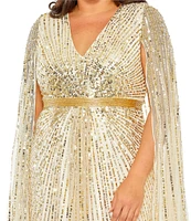 Mac Duggal Plus Size Cape Sleeve Surplice V-Neck Sequin Gown