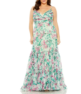 Mac Duggal Plus Size Floral Print Sweetheart Neckline Sleeveless Ruffle Gown