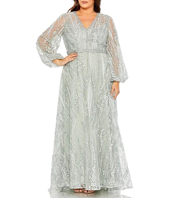 Mac Duggal Plus Size Long Puffed Sleeve V-Neck Embroidered Gown