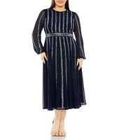 Mac Duggal Plus Size Long Sheer Sleeve Crew Neck Beaded Dress