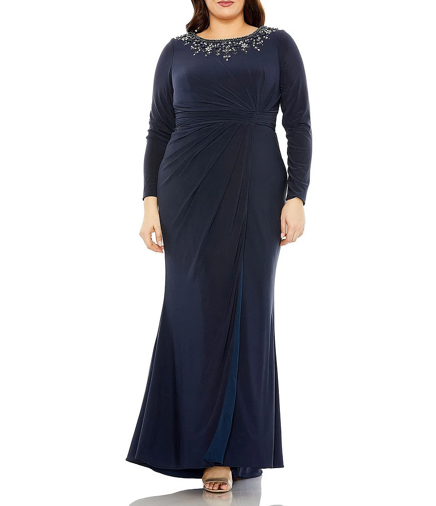 Mac Duggal Plus Size Long Sleeve Bateau Neck Embellished Jersey Gown