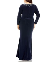 Mac Duggal Plus Size Long Sleeve Bateau Neck Embellished Jersey Gown