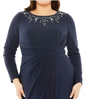 Mac Duggal Plus Size Long Sleeve Bateau Neck Embellished Jersey Gown