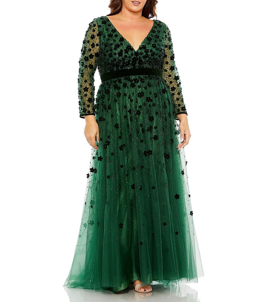 Mac Duggal Plus Size Long Sleeve V-Neck Embellished Illusion Gown