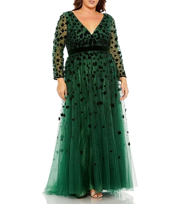 Mac Duggal Plus Size Long Sleeve V-Neck Embellished Illusion Gown