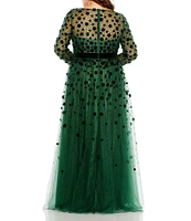 Mac Duggal Plus Size Long Sleeve V-Neck Embellished Illusion Gown