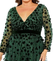Mac Duggal Plus Size Long Sleeve V-Neck Embellished Illusion Gown