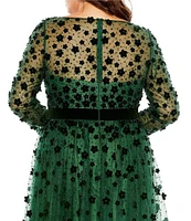 Mac Duggal Plus Size Long Sleeve V-Neck Embellished Illusion Gown