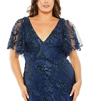 Mac Duggal Plus Size Short Flutter Sleeve V-Neck Embellished Gown