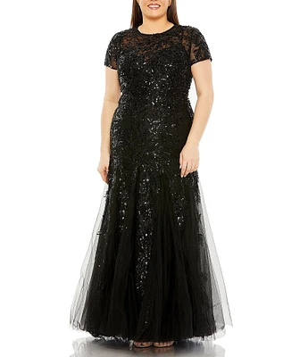 Mac Duggal Plus Size Short Sleeve Illusion Neck Applique Gown