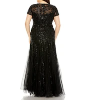 Mac Duggal Plus Size Short Sleeve Illusion Neck Applique Gown