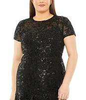 Mac Duggal Plus Size Short Sleeve Illusion Neck Applique Gown