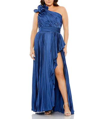 Mac Duggal Plus Size Sleeveless One Shoulder Rosette Detail Pleated Satin Gown