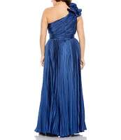 Mac Duggal Plus Size Sleeveless One Shoulder Rosette Detail Pleated Satin Gown