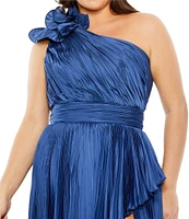 Mac Duggal Plus Size Sleeveless One Shoulder Rosette Detail Pleated Satin Gown