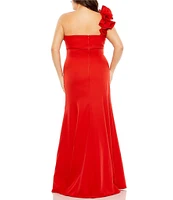 Mac Duggal Plus Size Sleeveless One Shoulder Ruffle Detailed Satin Gown