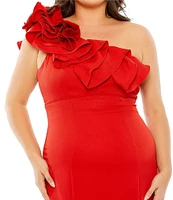 Mac Duggal Plus Size Sleeveless One Shoulder Ruffle Detailed Satin Gown