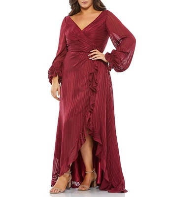 Mac Duggal Plus Size Surplice V-Neck Long Balloon Sleeve Ruffle Faux Wrap Gown