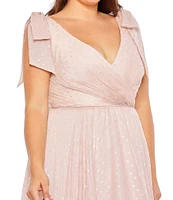 Mac Duggal Plus Size Tie Sleeve V-Neck Iridescent Polka Dot Print Gown