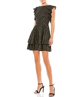Mac Duggal Polka Dot Boat Neck Ruffle Cap Sleeve A-Line Tiered Mini Dress