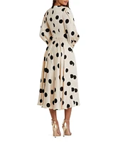 Mac Duggal Polka Dot Charmeuse V-Neck Puff Sleeves Midi Dress