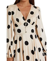 Mac Duggal Polka Dot Charmeuse V-Neck Puff Sleeves Midi Dress